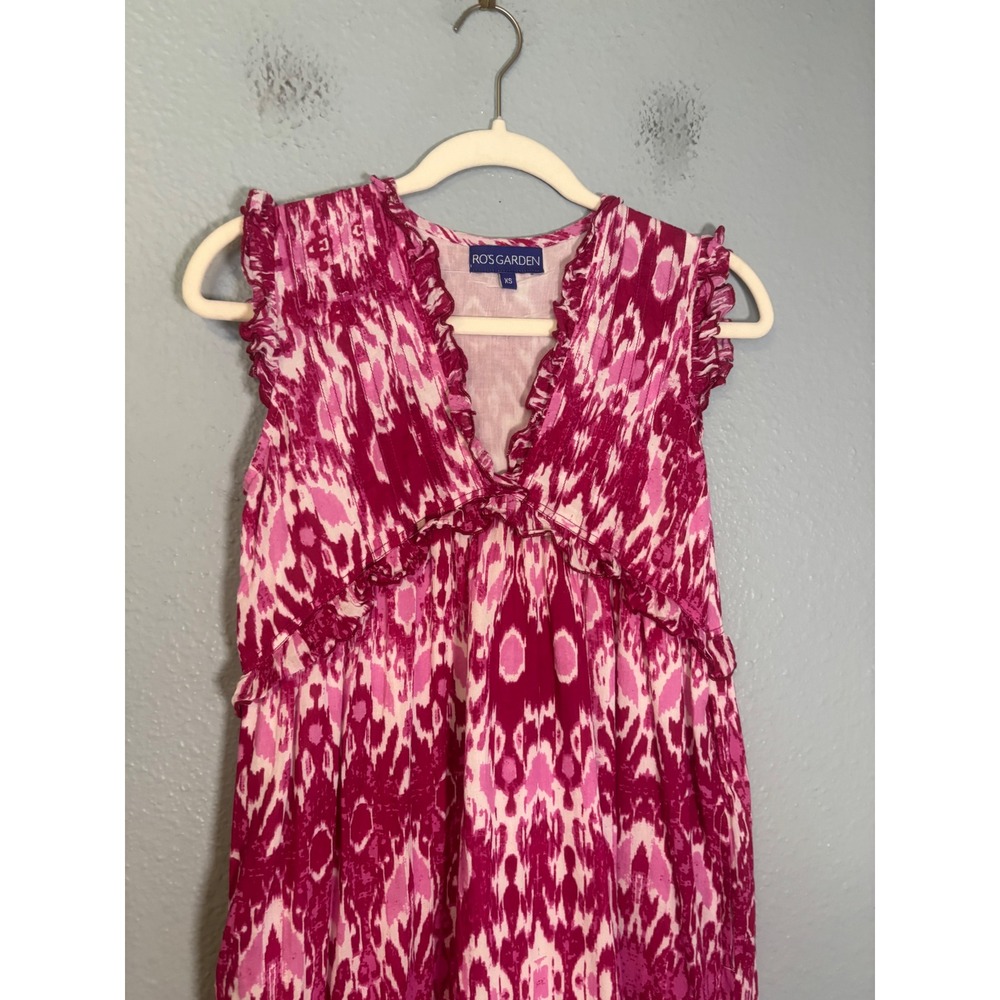 Ros's Garden Pink Ikat Cotton Ruffle Maxi Dress Sleeveless V-Neck XS Boho Tiered - Picture 4 of 9